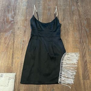 Oh Polly - On The Guestlist Embellished Split Leg Satin Mini Dress in Black